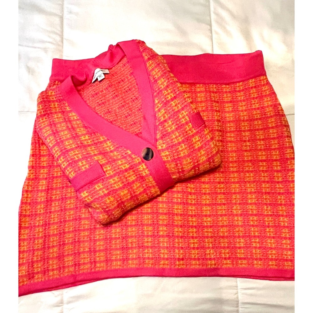 Free Assembly Pink Orange Knit Cardigan & Skirt Matching Set Women's